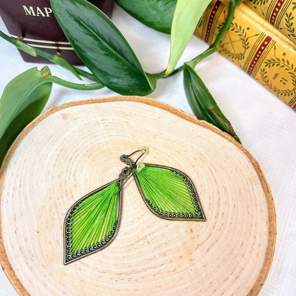 Green String Art Leaf Shaped Earrings with Rhinestone Embellishments - Picture 3 of 9